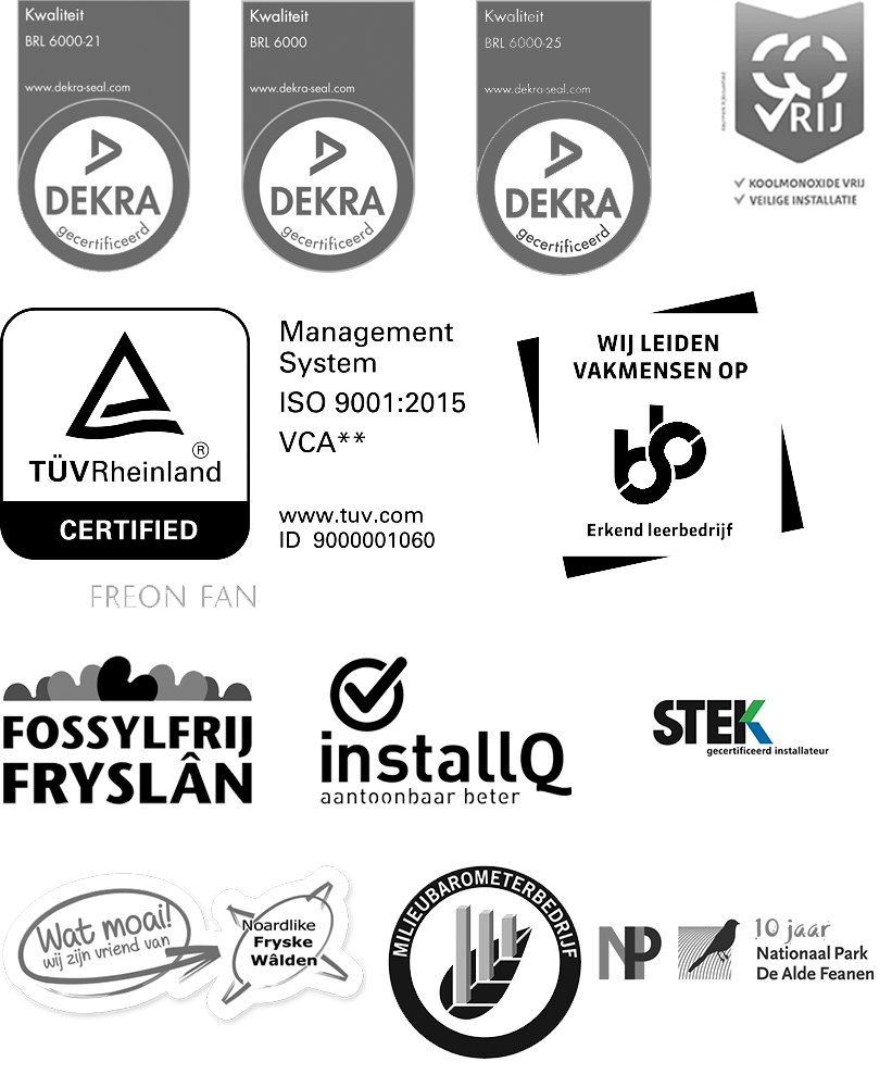 Diverse logo's en items: BRL 6000 (21,25), CO Vrij, ISO 9001 VCA, Erkend leerbedrijf, freon fan fossylfrij Fryslan, install Q, stek,, milieubarometer bedrijf.